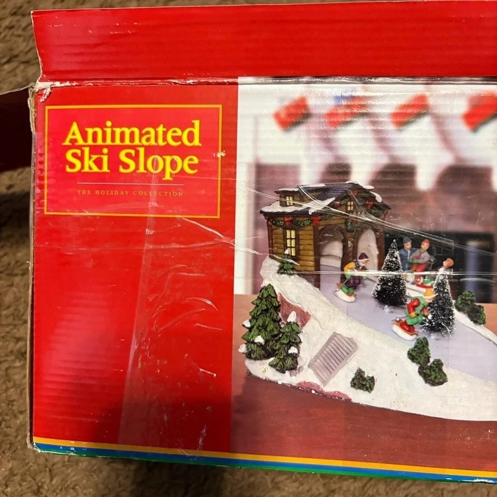 Vintage Animated Ski Slope Christmas Village Decor Skiing Sliding